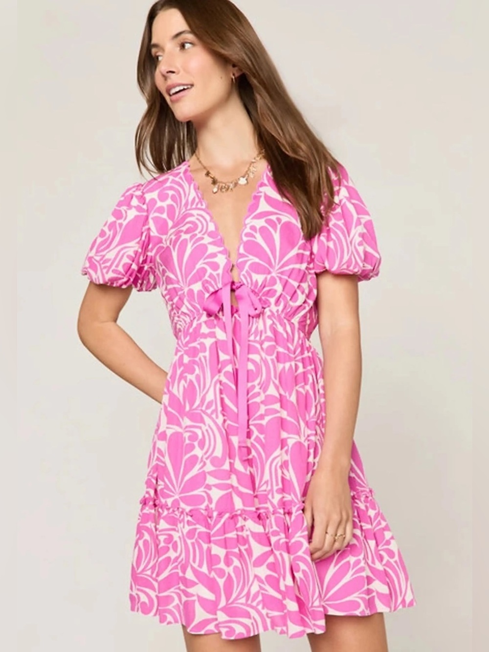 Francesca’s Small Pink & White Floral Summer Puff Sleeve Tie V-Neck Midi Dress